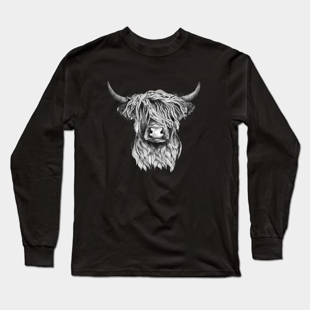 Highland Cow illustration tattoo style Long Sleeve T-Shirt by Squidoodle